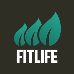 Fitlife white logo on brown background with green leaves growing above